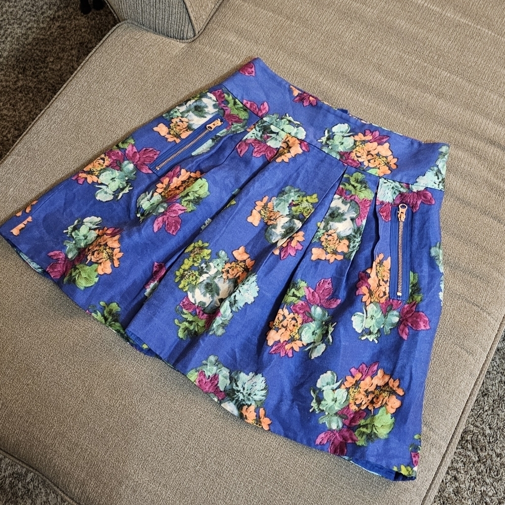Anthro Maeve Blue Floral Silk Blend Boho Casual Lined Midi Skirt Size 8 - Picture 2 of 10